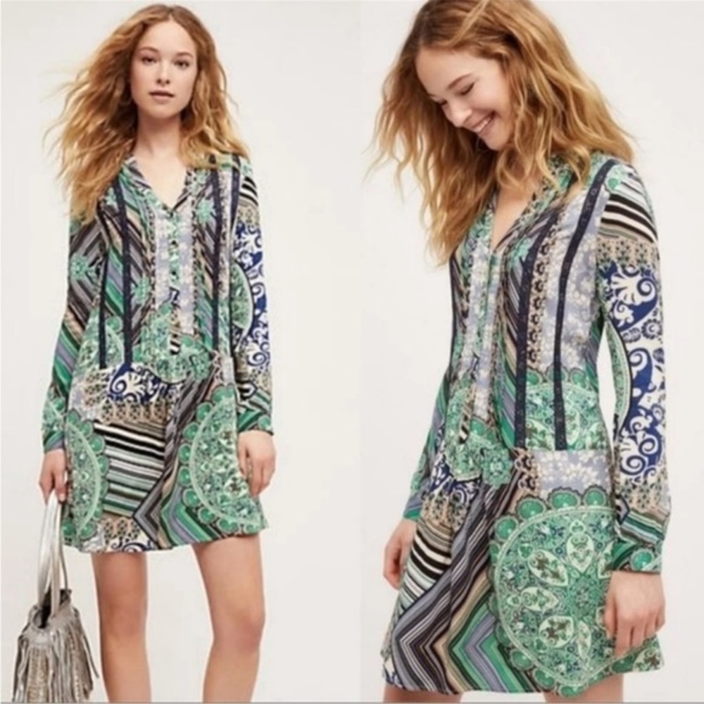 Anthropologie Tiny Caviana Pintucked Floral Shirt Dress Blue & Green size Small